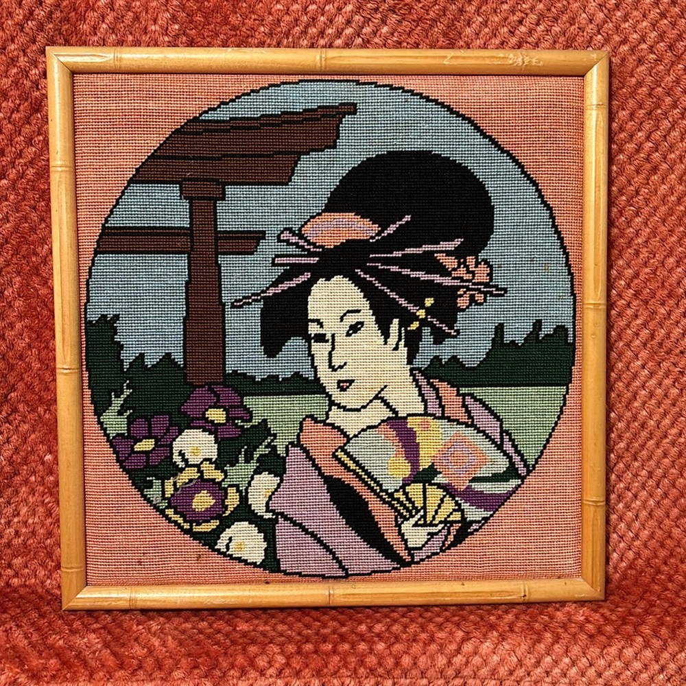 Vintage Asian Lady in Garden Framed Needlepoint